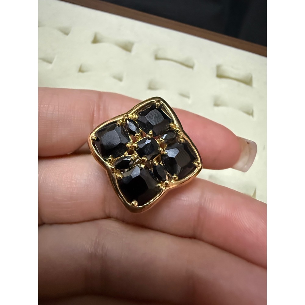 Vintage Two Tone Black Stone Quatrefoil Cocktail Ring Silver Gold Tone Size 7.5